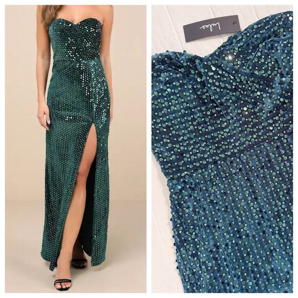 Lulus Sparkle Emerald Green Velvet Sequin Maxi Dress XS. Formal. NEW. $98 MSRP - Picture 1 of 13